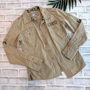 A. KURTZ Tan and camo button shirt or jacket